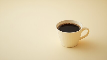 Cream-colored coffee cup filled with dark liquid on a pale yellow surface