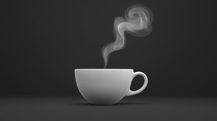White cup of steaming hot drink on dark background