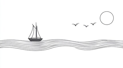 Simple line drawing of a sailboat on wavy sea, sun, and birds