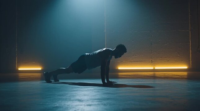 A focused athlete performs a push-up in a dimly lit training space.