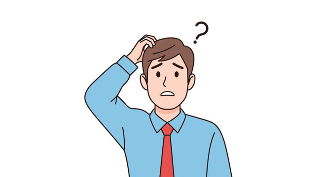 Illustration of a puzzled man in a shirt and tie, feeling confused and scratching his head while thinking about a problem or question