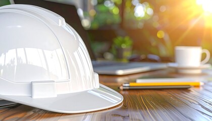 White hard hat on a wooden desk with office essentials under bright sun