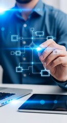 Naklejka premium Business process automation workflow diagram with man using digital interface technology