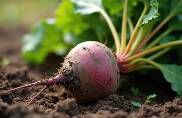 Sugar beet plant with root partially emerged from soil. Green leaves visible in background. Focus on earthy texture and rich color of beet, ready for harvest or collection.