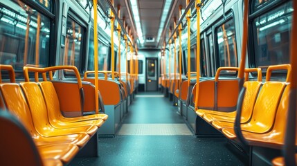 Empty subway car with orange seats and yellow handles.