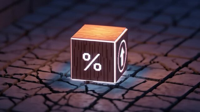 Glowing wooden cube with neon percent icon and up arrow on cracked pavement symbolizing growth.