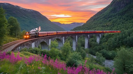 Scenic train on mountain viaduct at sunset (1)