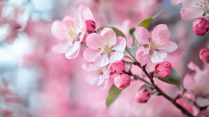 Fototapeta premium Pink cherry blossoms against a blurred background.