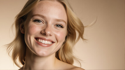 Fototapeta premium A beauty shot with a warm and inviting smile. The young woman looks directly at the camera, conveying confidence and sensuality.