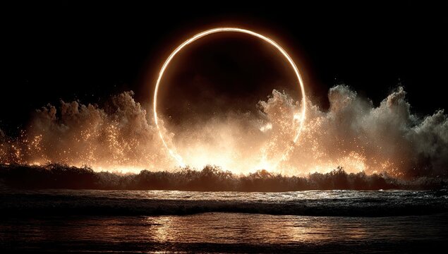 Golden ring over turbulent ocean waves