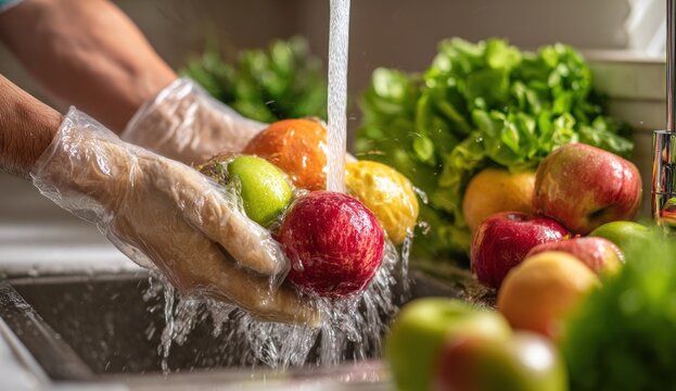 Fresh fruits being washed under a water faucet