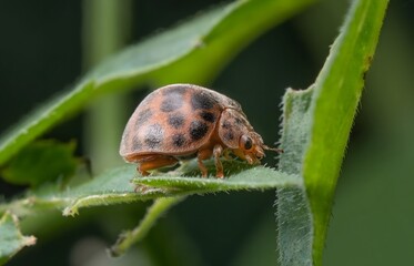 Orange Ladybug with Black Spots Resting on Green Fuzzy Plant Leaf in Natural Garden Environment