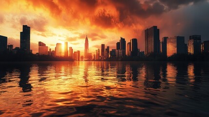 Fototapeta premium City skyline at sunset with a river in the foreground.