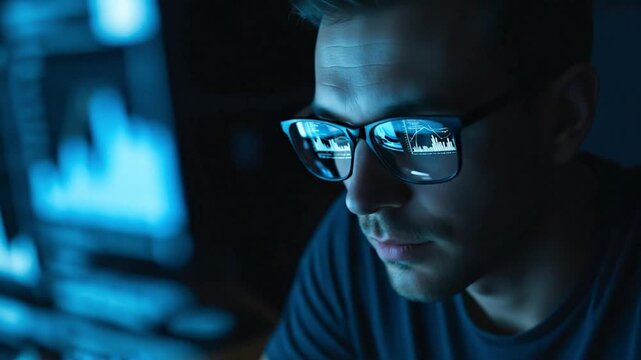 Close-up of a man wearing glasses looking at a computer screen in a dark room