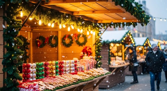 Christmas market stall with festive decorations and treats