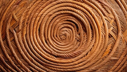 Fototapeta premium close-up of woven textured rattan spiral pattern with intricate natural fibers for rustic decor or sustainable design background