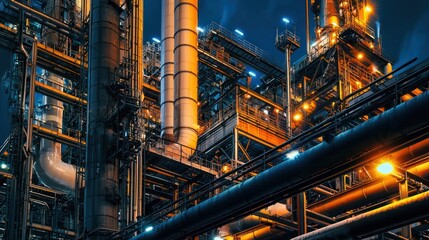 Obraz premium A large industrial plant with pipes and lights at night.