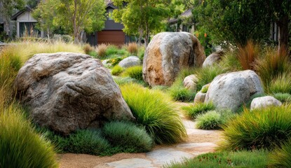 Landscaped yard with rocks and grass