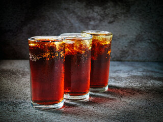 Cola soft drink with ice cubes, soda fizzy drink in Cold three glass on gray background, close-up