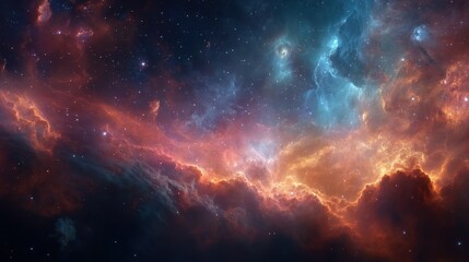 Naklejka premium Vibrant cosmic nebula with glowing orange and blue gas clouds against a starry deep space background of the universe