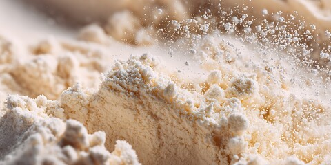 Whey protein powder texture with fine white crystalline particles