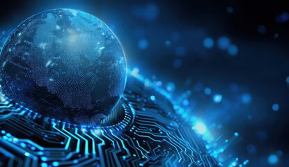 A digital globe resting on a circuit board, glowing in vibrant blue tones