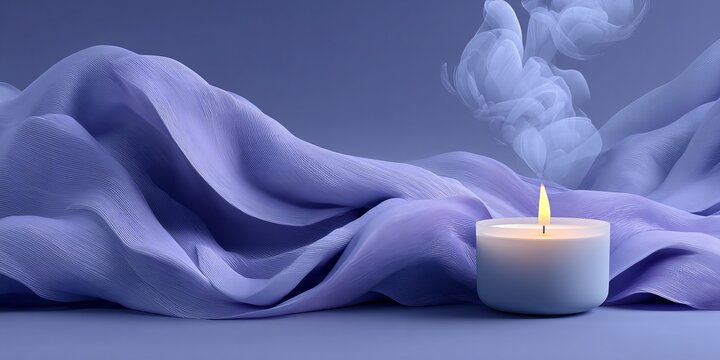 Minimalist candle illustration with rising smoke on textured purple fabric, evoking calm, spirituality, and modern home decor themes - Powered by Adobe