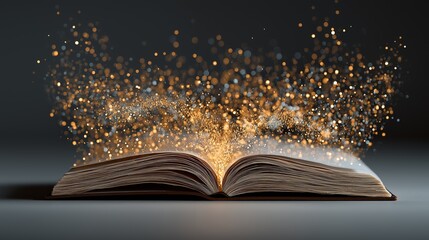 Open book radiates magical light and particles, symbolizing imagination, storytelling, and fantasy in literature or creative concepts