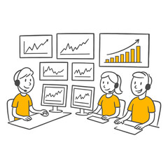 Office illustration depicting teamwork analyzing data and reviewing charts on multiple screens.