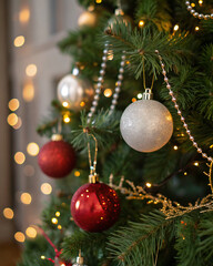 Fototapeta premium Multicolored Christmas tree decorations hanging on fluffy green branches of the Christmas tree