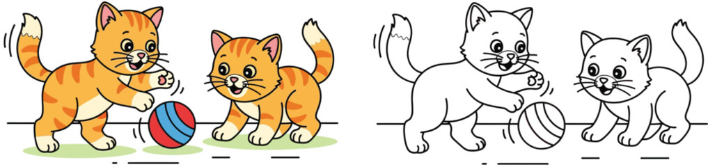 Two Playful Ginger Kittens Batting a Ball - Adorable Cartoon Cats Having Fun