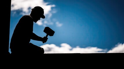 Silhouette of a construction worker using a large hammer.