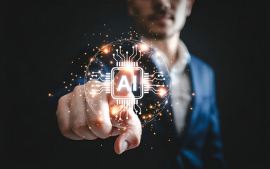 Man's hand touches a glowing AI chip, symbolizing future technology and innovation.