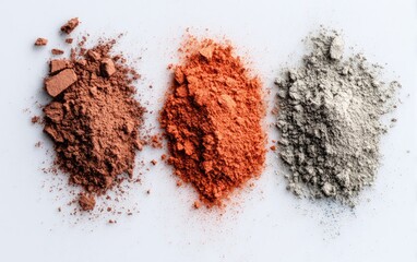 Three piles of loose powder, terracotta, orange-red, and light gray