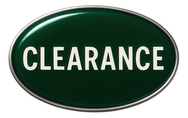 Glossy oval sticker with CLEARANCE offer in bold white text, attractive retail discount promo on transparent background.