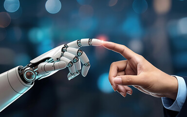 Human hand and robot finger touching, symbolizing future technology and connection.