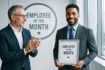 Happy businessman receives Employee of the Month award while colleague applauds in bright office background celebrating workplace success concept. Ai generative