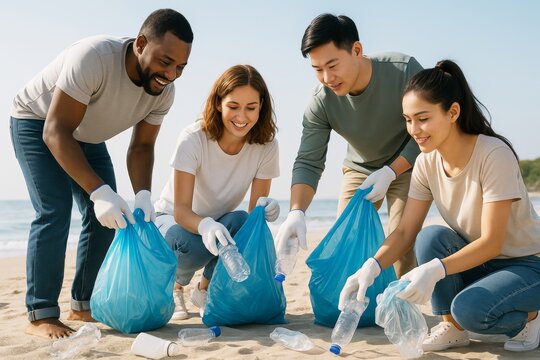 Group of young diverse people cleaning beach together with blue trash bags and gloves on a sunny day, promoting teamwork and environmental care. Ai generative - Powered by Adobe