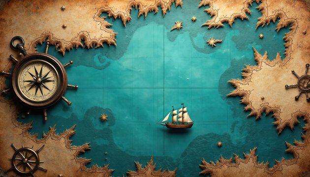 Antique map illustrates ocean voyage with compass, ship sailing across turquoise waters. Textured vintage parchment shows uncharted lands, sea routes, evoking adventure, exploration. Nautical theme