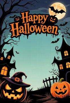 Halloween background with pumpkins, bats and haunted house with copy spase
