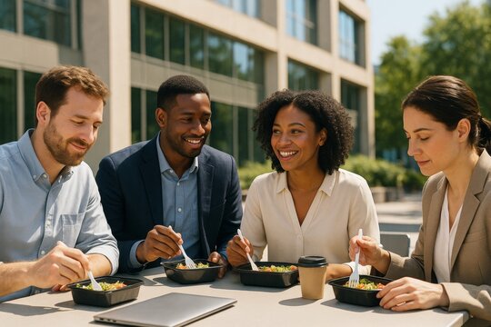 Group of diverse businesspeople having lunch outdoors at table with natural light and modern office building in background during break time. Ai generative