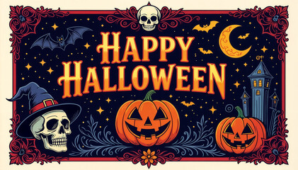 Halloween party poster with pumpkins, skull in witch hat , castle and bats