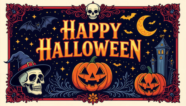 Halloween party poster with pumpkins, skull in witch hat , castle and bats