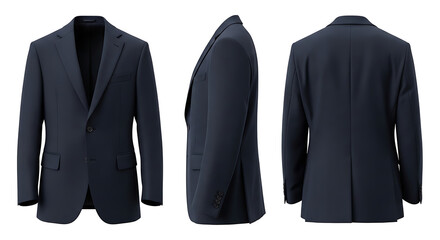 Navy Blue Men's Business Suit Jacket Isolated on White Background, Three Views