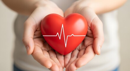 Obraz premium Hands holding a red heart with a cardiogram symbol, representing health and care