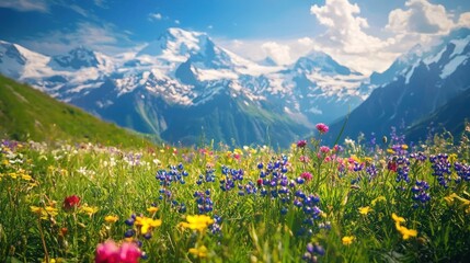 Obraz premium A vibrant meadow with wildflowers and a mountain range in the background.
