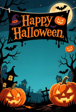 Halloween background with pumpkins, haunted house and bats. 