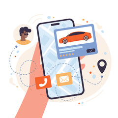 Buy or rent car online vector illustration. Cartoon customers hand holding phone with mobile app for automobile rental, automotive service, web agency for search transport and vehicles owners