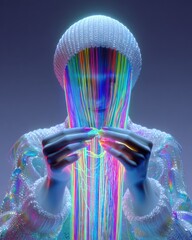 Luminous Threads of Creation - Surreal Hands Knitting Rainbow Light Scarf, Dark Background with Rim-Lit Weaving | Abstract Fiber Art Conceptual Photo