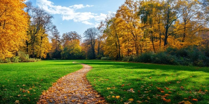 Real park dirt path autumn landscape outdoors. - Powered by Adobe
